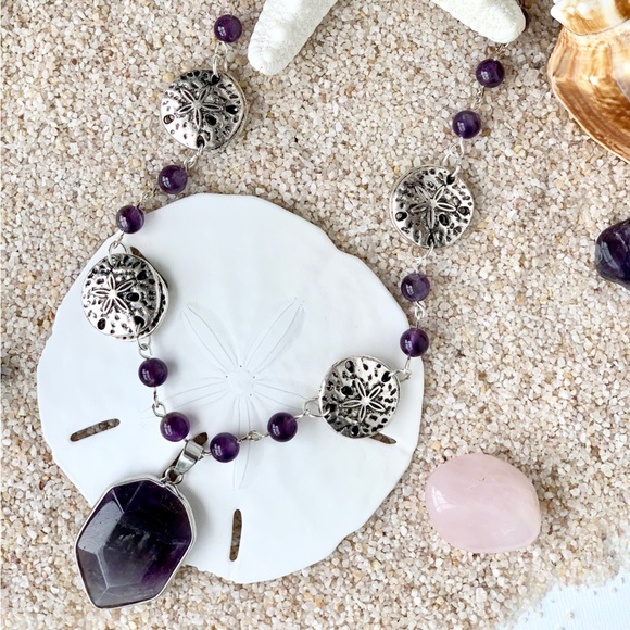 Genuine Amethyst & Sand Dollar Beaded Necklace with Amethyst Pendant - Picture 2 of 5